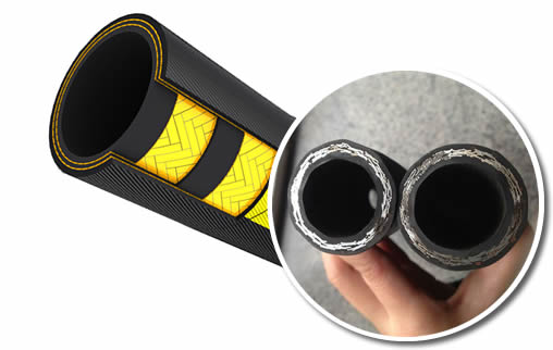 Two profile of steel wire reinforced hydraulic hose and a drawing of structure.