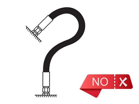 A drawing shows wrong installation of high pressure rubber hose with improper fitting and causing tight bend.